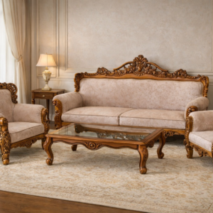 Royal Sofa 3-Seater with Center Table – White & Creamy Brown