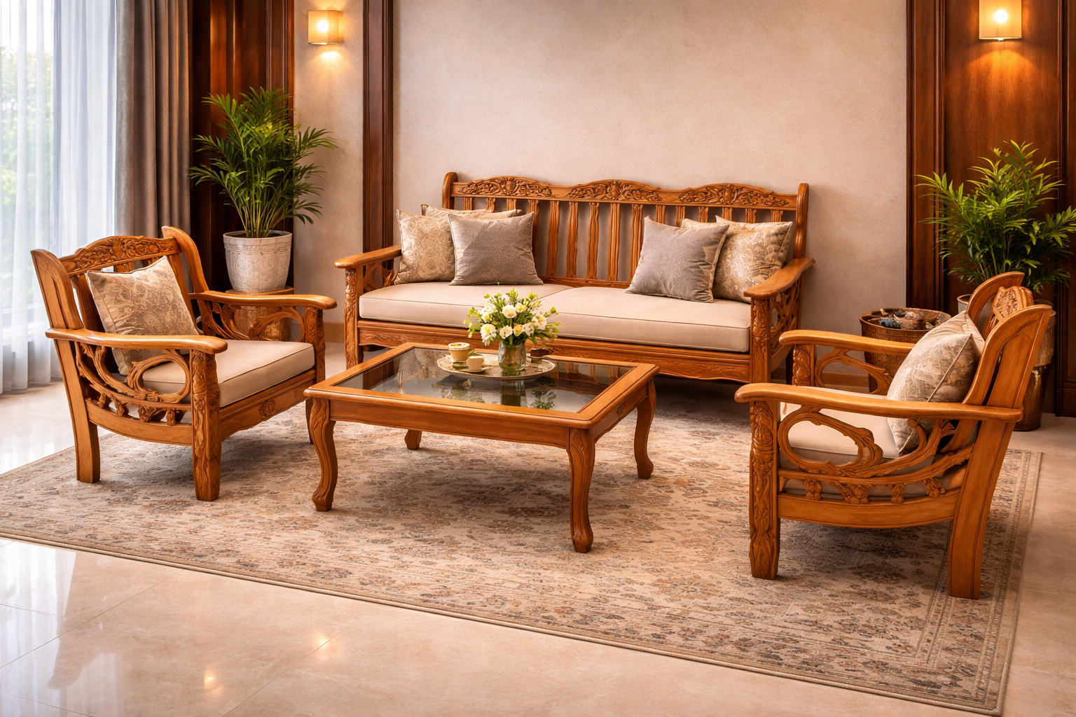 Classic Carved Design Sofa – Ayurveda Oriented with Center Table